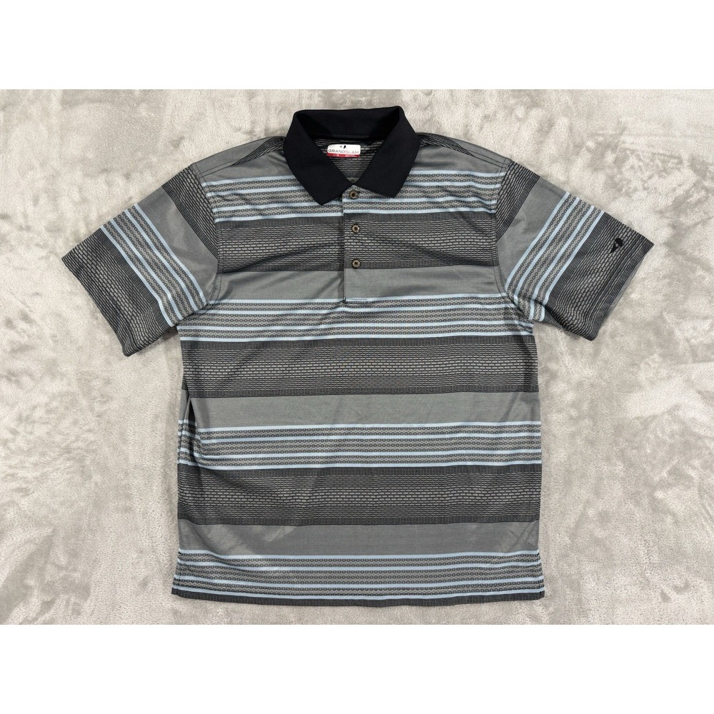 Grand Slam Polo Shirt Mens L Performance Golf Preppy Stretch Gray Blue Striped